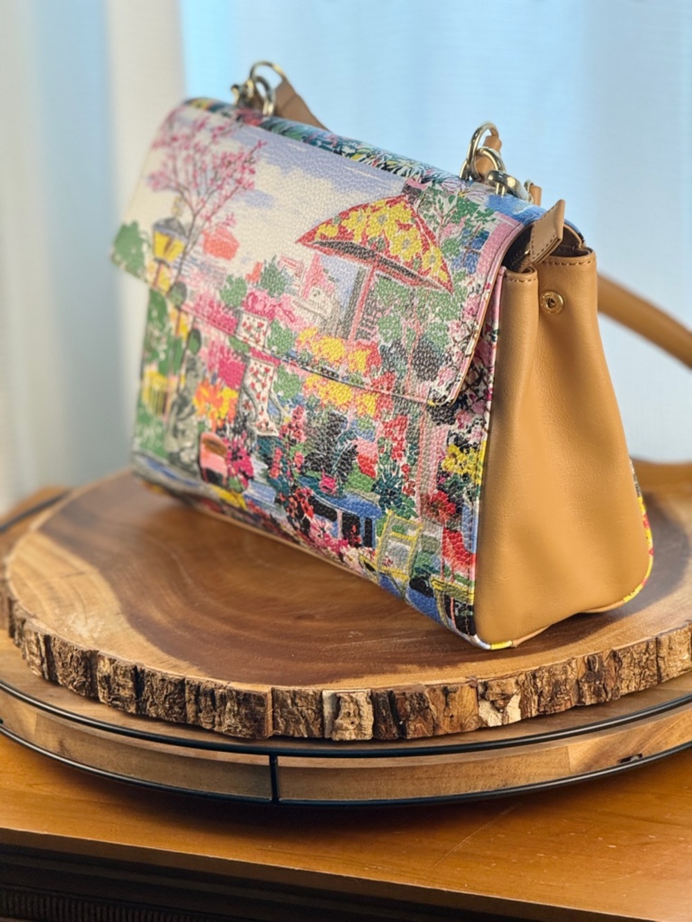 Whimsical Impressionist Artwork Leather Satchel w/Crossbody Strap-Talbots-NEW